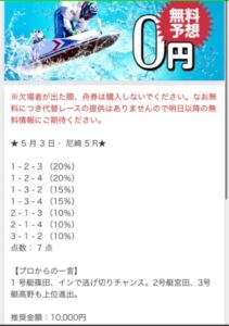 ボートぴあの無料情報買い目は7点。　24年5月3日