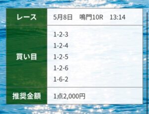 24年5月8日　競艇予想リーダーシップ無料情報　鳴門10R