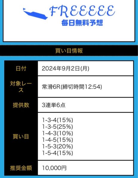 ブルーラグーン無料予想9月の買い目